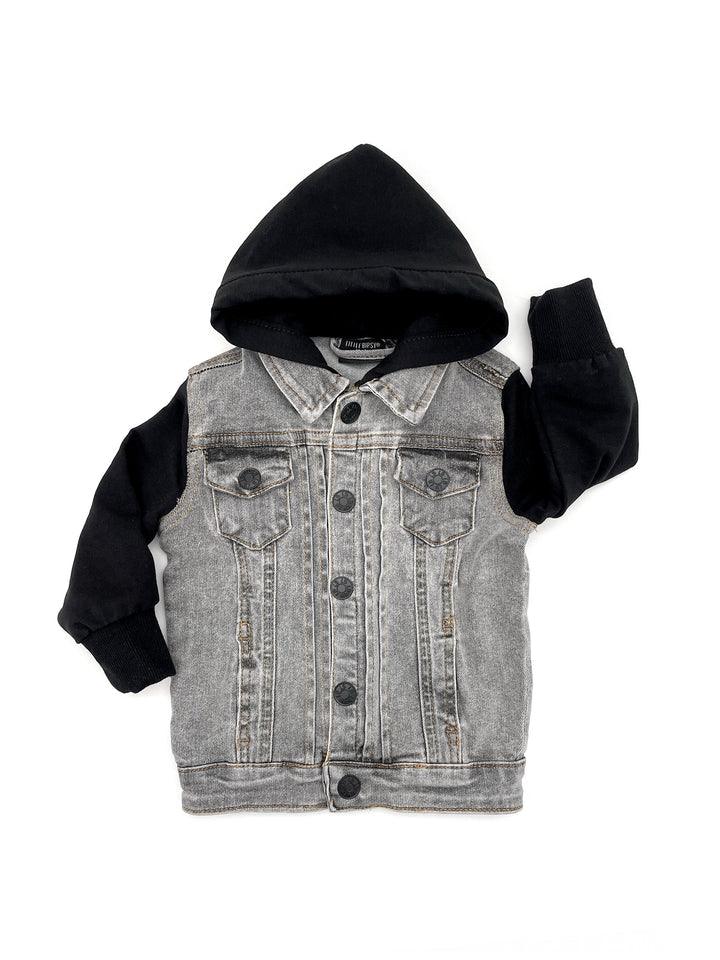 Hooded Jacket, Grey Washed Denim - Little Bipsy