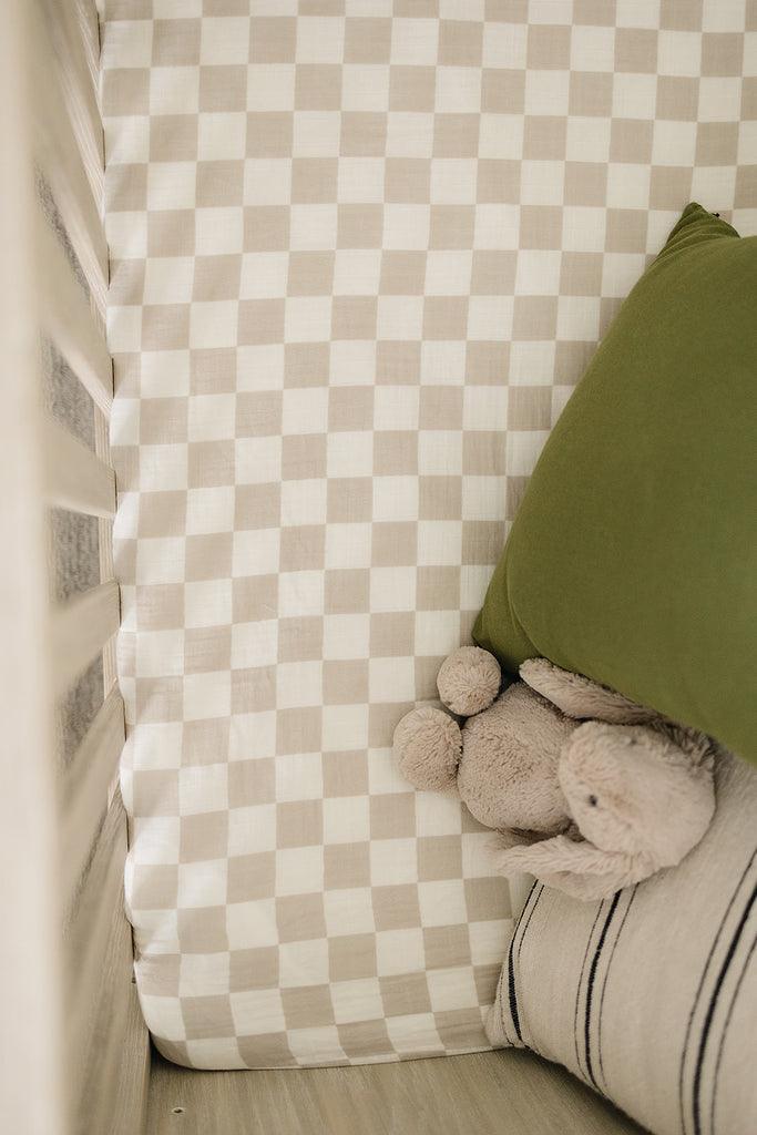 Taupe Checkered Crib Sheet - Mebie Baby