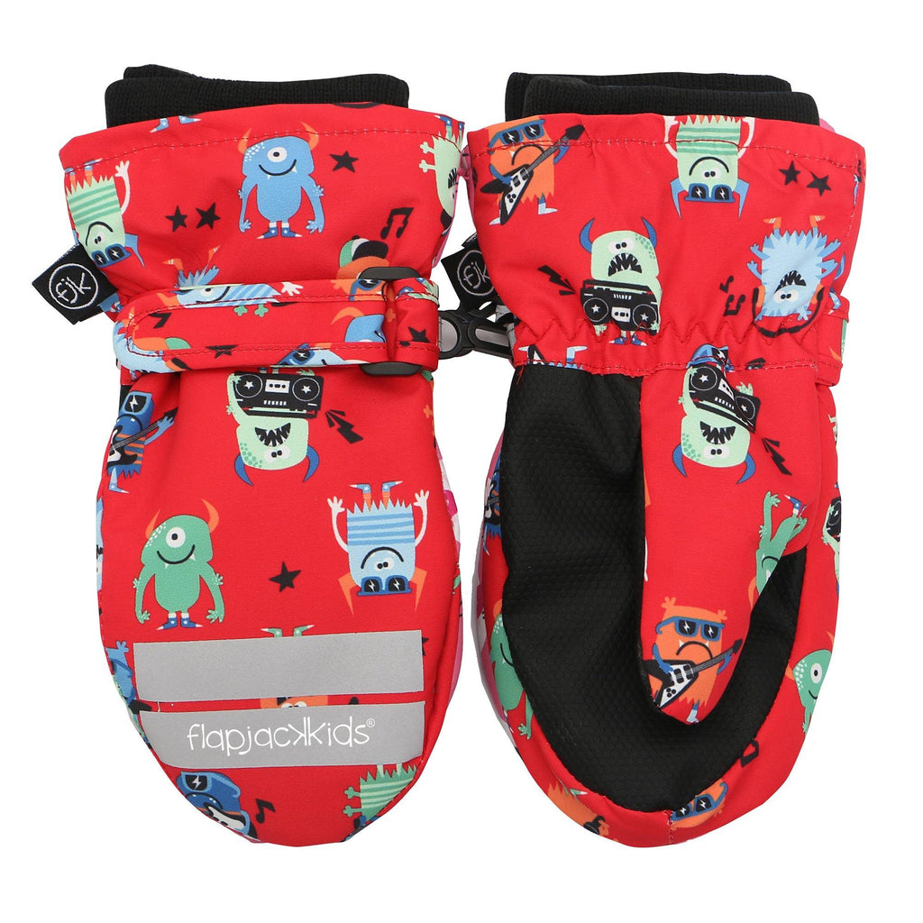 Water Repellant Ski Mittens, Red Monsters - FlapJackKids